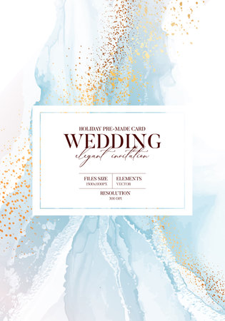 watercolor Blue wedding marble and gold abstract background texture. Indigo ocean teal acrylic ink with natural luxury style swirls of marble and gold powder. Poster, invitation, painting vectorのイラスト素材