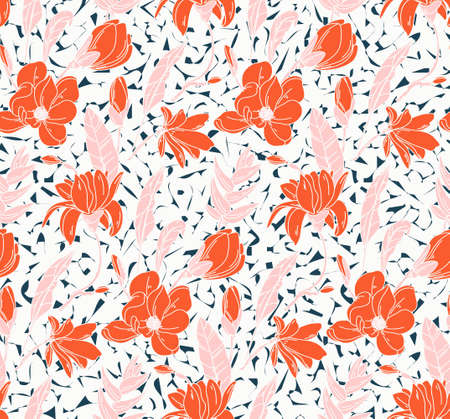 Seamless rose pattern with spring flowers and leaves pink orange. Hand drawn line art background. Floral pattern for wallpaper or fabric. Flower rose. Botanic Tile. Vectorのイラスト素材