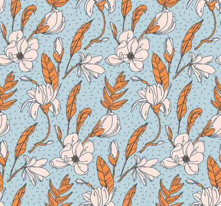 Floral botanical print. White rose Modern seamless design wild garden bloom. Line art repetition print in vector. Herbal nature botany pattern  in blue yellow spring colorsのイラスト素材