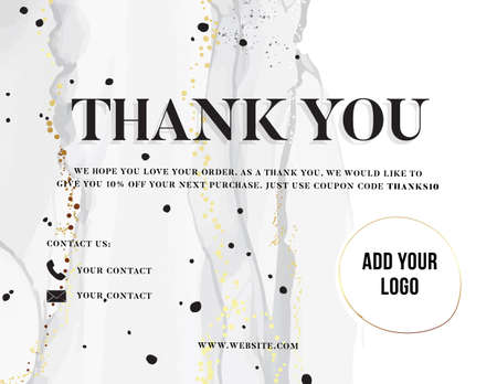 Thank You Card, customer service card , promotion Voucher in grey gold colors, post purchase insert 10% off advertising greeting template, printable custom small business cardのイラスト素材