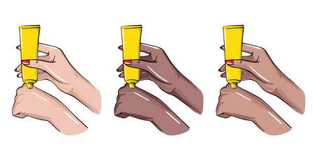 Hand applying cream Daily beauty routine, natural cosmetics advertising vector. Women hand latina, white, afro hand with body lotionのイラスト素材