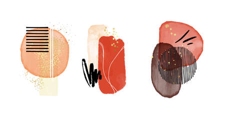Aquarelle classic shapes. Red contrast vector Scandinavian decorative cover stain painting, watercolor blobs, circle frames, social media decoration. Scandinavian minimalistic shapesのイラスト素材