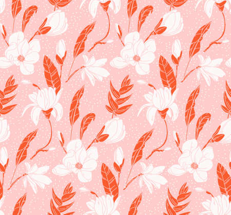 Floral mixed media seamless pattern. Botanical background Acuarelle painting. Nature design pink orange 2022 vintage flowers and leaves in vector, garden bouquetのイラスト素材
