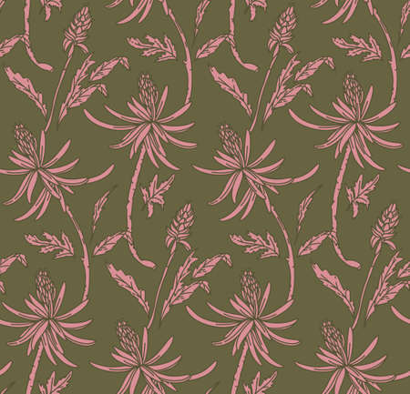 Flower repeat texture, Nature seamless print. Ornament floral background  khaki green dusty pink trendy line art for fabrics, wrapping paper, wallpaper. Vectorのイラスト素材