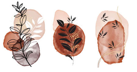 Watercolor painting shapes Beige aquarelle ink, pastel neutral pastel frames, black silhouette leaves minimalistic design. Nude gold blush geometric design vectorのイラスト素材