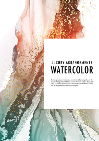 Watercolor alcohol ink liquid flow, pouring art vector shape. Contrast gradient oange turquoise graphic design, abstract background. Fluid cover decor, poster, template, bannerのイラスト素材