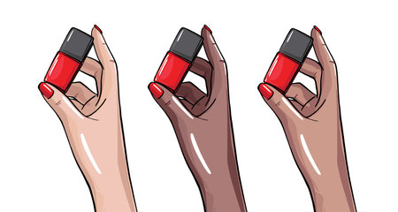 Women hand holding nail polish bottle, manicre artist illustration. Beauty salon clipart vector art, nail cover remover, base coat, finish laquerのイラスト素材