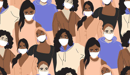 People in medical mask. Quarantine social distance, infected group people, girl face in white mask. Vector seamless pattern illustration. Flu outbreak news vaccineのイラスト素材