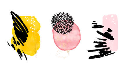 Watercolor circle color scheme yellow pink, colorful acrylic ink circles,  hand painted round shapes, black stains, transparent blobs isolated on white. Illustration for artistic design Vectorのイラスト素材