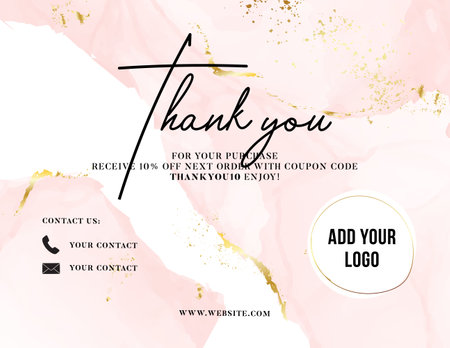 Thank You Card watercolor pink gold, customer service women business card , promotion Voucher , post purchase insert. Elegant greeting  template, printable custom small business card rose gold tenderのイラスト素材