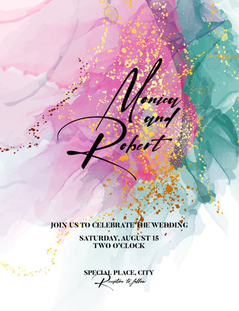 Contrast pink green watercolor ink original paintind, resin poster, wedding invitation, bridal shower, rsvp card, event invite.  Vectorのイラスト素材