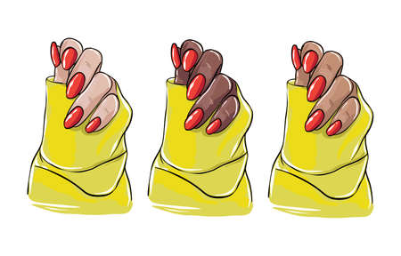 Black women hand illustration, beauty salon acrylic nail polish, colored red gel cosmetics template. Vector blog sigital stickers , female fashion template artist Vectorのイラスト素材