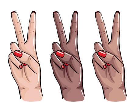 Peace sign nails hands art. Two fingers sign. Black women , latina and white women hand gesture,  red nail polish sketch,  beauty saon procedure . Vector sketchのイラスト素材