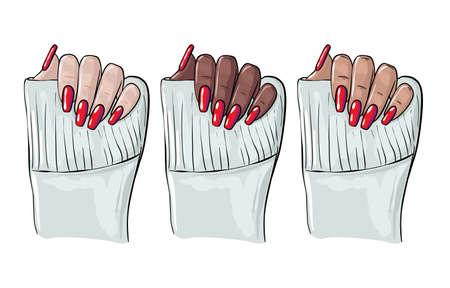 Nails manicure illustration , manicure woman black hand, cosmetology clipart,  Beauty salon fashion , shellac nail polish, acrylic nails gel vector.のイラスト素材