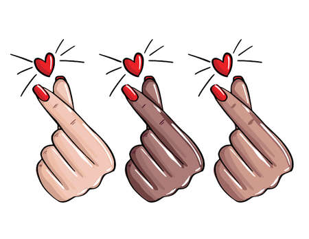 Nails love, manicure like sign. Korean love gesture, emoji  manicure master stickersFemale hand showing love, beauty salon  art. Vectorのイラスト素材