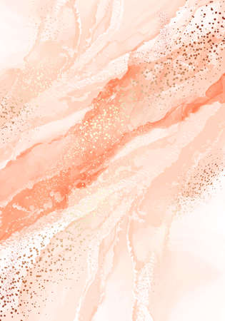 Minimalist orange  marble canvas abstract painting background with gold texture, peachy pastel warn colors. Vector  backgroundのイラスト素材