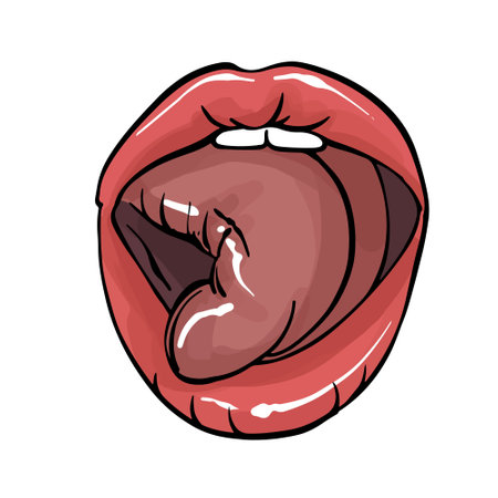 Mouth showing tongue out, pink lips with tongue sexy art, vector mouth illustration. Women full lips, Red lips showing tongueのイラスト素材
