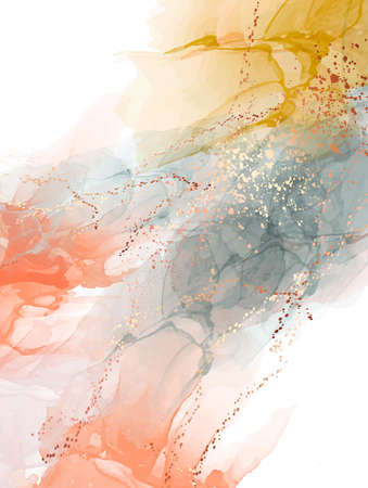 Vivid gradient Abstract orange yellow watercolor painting. Background Posters with  golden elements. ink Marble Modern print. Wall art. Business cardのイラスト素材