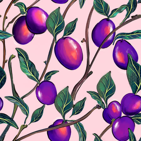 Plums seamless pattern . Kitchen fabrics, Blooming tree of  blue plum fruit isolated on dark background hand-drawn illustrationの写真素材