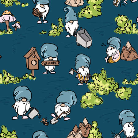 Garden gnomes fabric seamless fairy tale cartoon characters planting and working in garden. Folklore yard evilsの写真素材