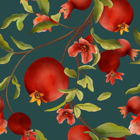 Pomegranate pattern tree bloom illustrationの写真素材