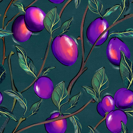 Plums seamles pattern . Purple Blooming tree of blue plum fruit isolated on dark background hand-drawn illustrationの写真素材