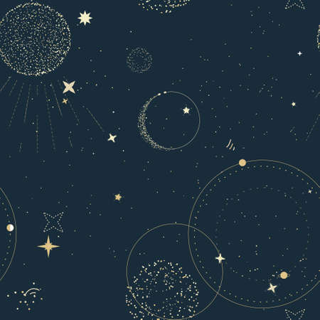 Night sky with Moon Gold celestial seamless pattern, Tender  universe constelllation vintage textile printのイラスト素材