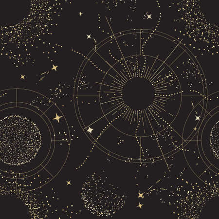Galaxy universe mystic background, Night sky design. sacred geometry signs  
 Constellation, Sun,  Moon Gold celestial seamless pattern, boho print  artのイラスト素材