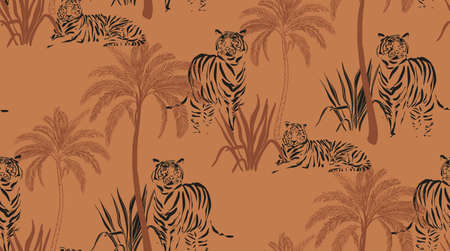 Tiger in palms seamless pattern design, tropical jungle animal fashion printのイラスト素材