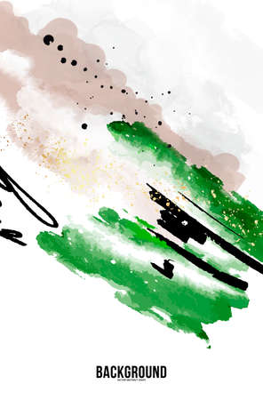 Banner vertical green watercolor painting template with ink imitation lines, modern posterのイラスト素材
