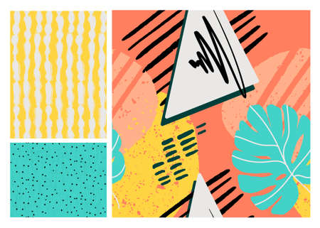 flower spring texture collection surface pattern print, retro carton graphic decor with monstera leaves, dotted teture and retro yellow stripesのイラスト素材