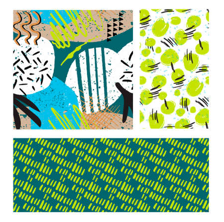 Neon green textile grunge background, abstract geometric elements seamless pattern setのイラスト素材