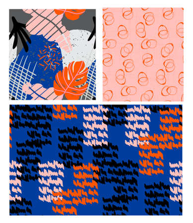 Modern Collage floral leaves and shapes seamless surface pattern set. Mid Century Modern Art contemporary design for paper, cover, fabric, interior decor in navy orange pinkのイラスト素材