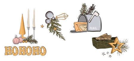 Christmas holiday season festive design. Gold decoration ornaments, mailbox , fireplace wood, gold stars, branch iconのイラスト素材