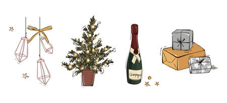 Merry Christmas design, festive garland , tree, champagne, gifts, presents vecto icosn  clipartのイラスト素材