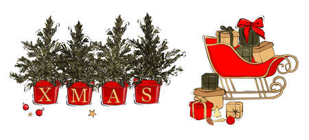 Festive design Christmas tree in pot, xmas New Year decoration with gift present Noel icons  in vectorのイラスト素材