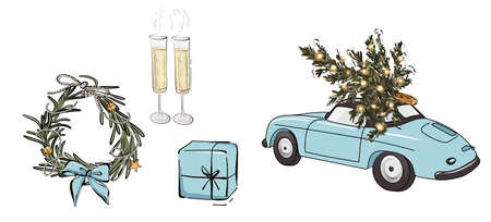 Christmas wreath with bow, festive Xmas car with pine tree , present, champagne glass icons in vectorのイラスト素材