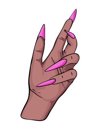 Long nails manicure women hand black skin acrylic fake manicure glamour illustrationのイラスト素材
