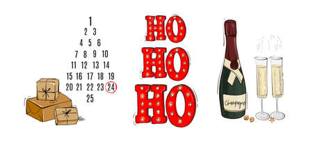 Advert calendar festive season design, Ho Ho ho text, Champagne bottle with glasses Christmas season artのイラスト素材