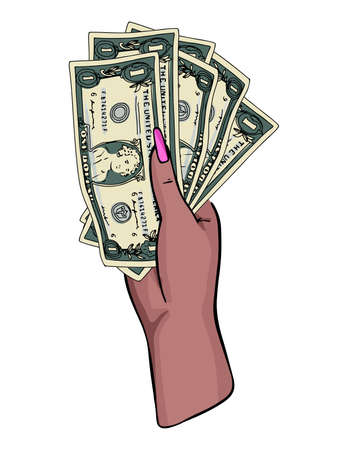 Hand holding money modern business illustration , glamour female hand with pink nailsのイラスト素材