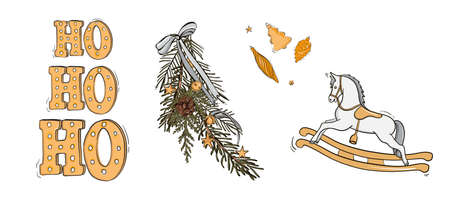 Gold Christmas New Year decoration, wooden horse toy nursery design, spruce tree evergreen branch with jingle bells, festive season december icons artのイラスト素材