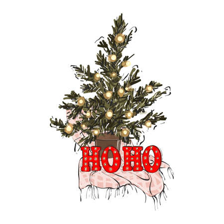 Christmas tree with garland winter holiday design,  noel evergreen tree festive greeting cardのイラスト素材