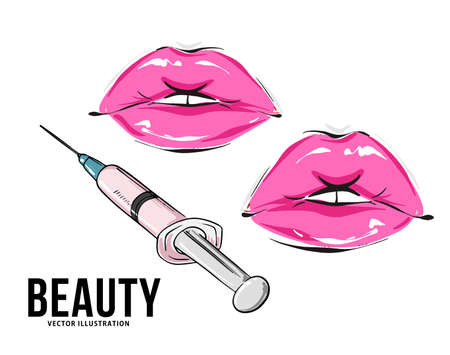 Syringe lips filler procedure, facial beauty plastic surgeryのイラスト素材