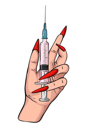 Medical injection vaccinatin icon, women hand long red nails  making medical procedure  vectorのイラスト素材