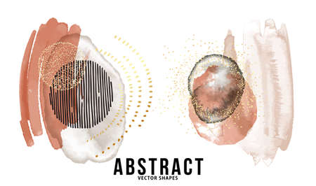 Autumn abstract art, organic fall minimal watercolor shapes , golden glitter boho icons, graphic illustrationのイラスト素材