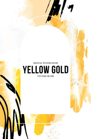 Yellow watercolor texture, ink brush oriental modern background invitation splash metallicのイラスト素材
