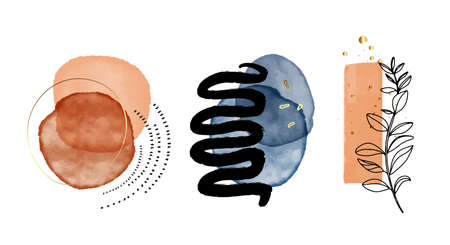 Abstract shapes, watercolor red circles ink  marble painting brush , gold design backgroundのイラスト素材