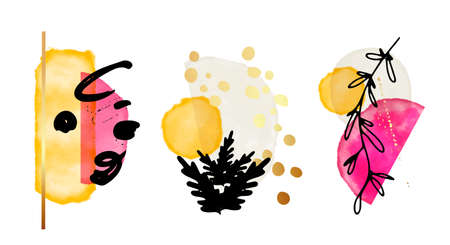 Original watercolor decoration, modern minimalist horizontal graffiti design. Modern frame for wall decoration, postcard or brochure cover design. Vector EPS10. Pink yellow black  colorのイラスト素材