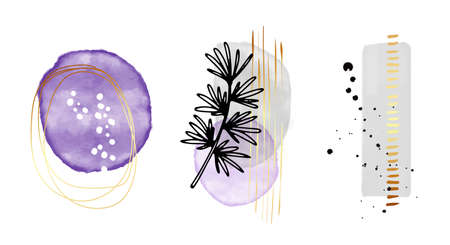 Abstract art background vector. Violet Modern Gold shape line art with black plant, Minimalist hand painted illustrations  for home deco, wall art, Social media story backgroundのイラスト素材