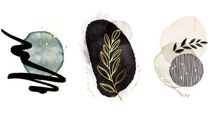Minimal Arrangements watercolor Illustration and gold elements, plant design  white background. Abstract modern print set. abstract Logo. creative Wall art. Poster layout. Business card. vectorのイラスト素材